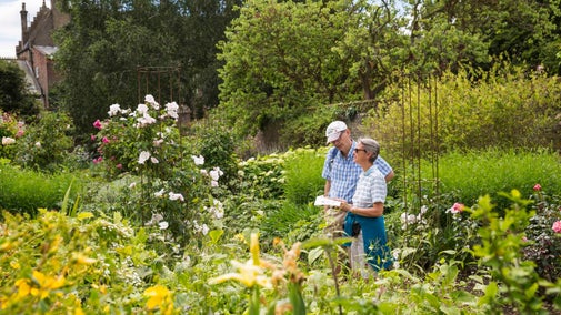 Visitors in the garden in July at Peckover House and Garden, Cambridgeshire